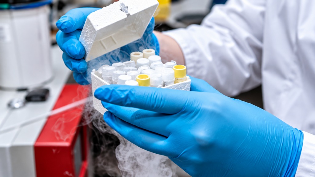 Lab researcher in blue gloves holding a container of frozen medical samples emitting cold vapor.