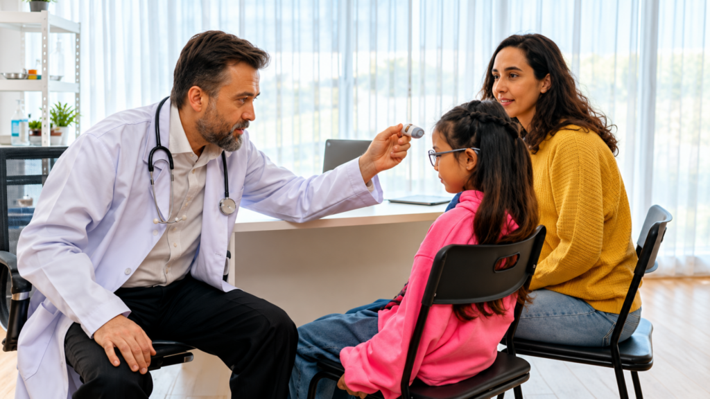 Male doctor using a forehead thermometer to check a young girl's temperature while her mother watches closely.
