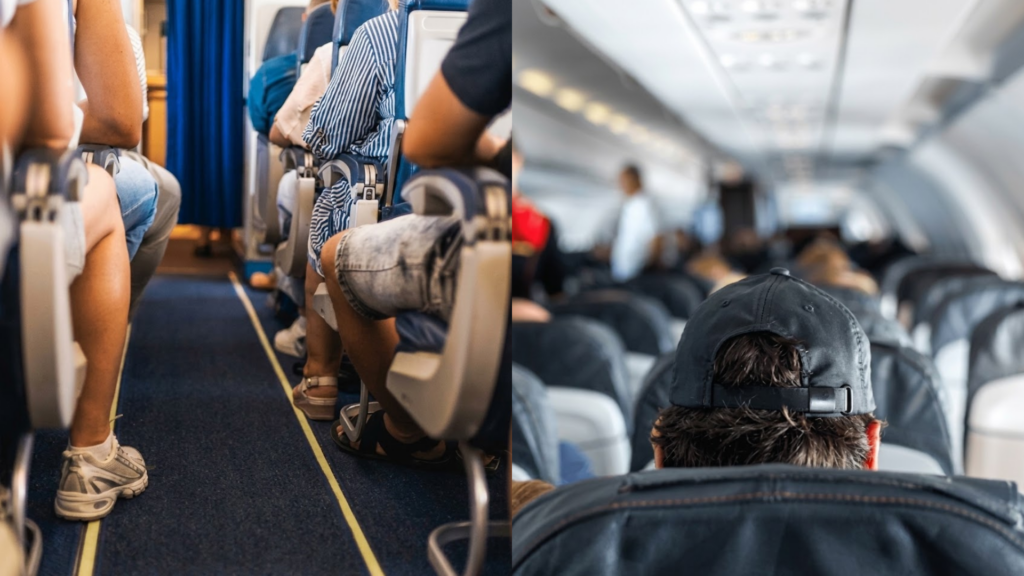 A split image of an interior of an airplane comparing the passengers seated in the aisle seat with their legs visible from the aisle and the middle seat.