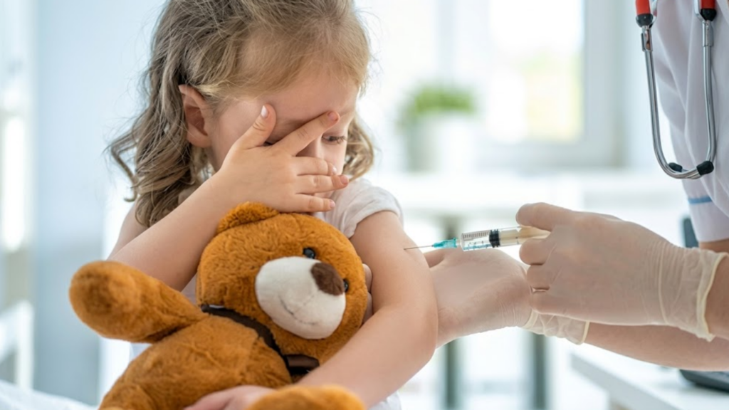 A child with a teddybear getting a vaccination shot administered by a healthcare professional indoors.