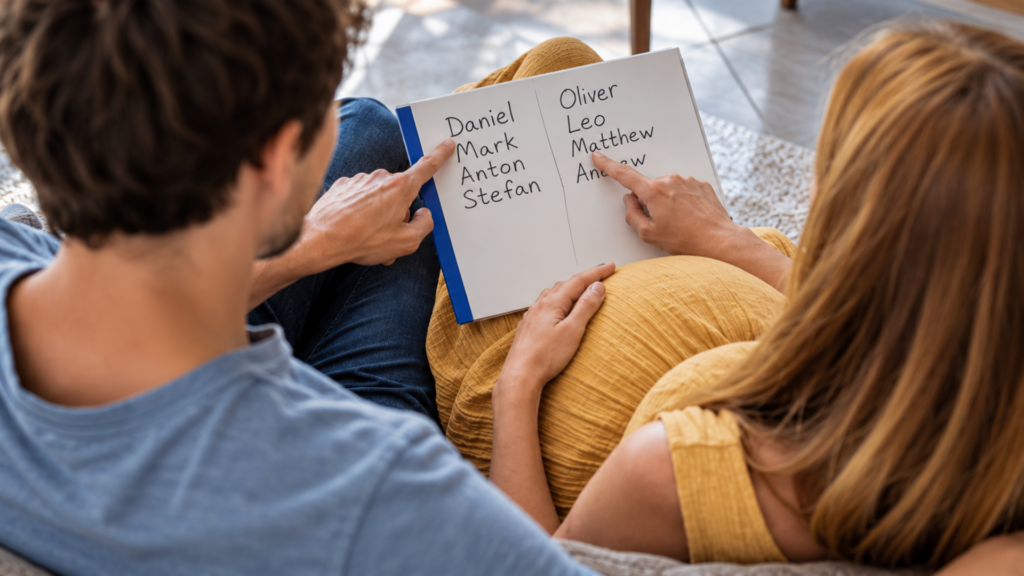 An expectant couple sitting together reading through a list of potential baby names in a book.