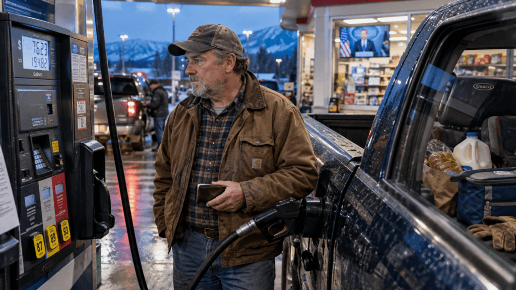 A man in a jacket and baseball cap holding his wallet while pumping gas into his truck at a gas station.