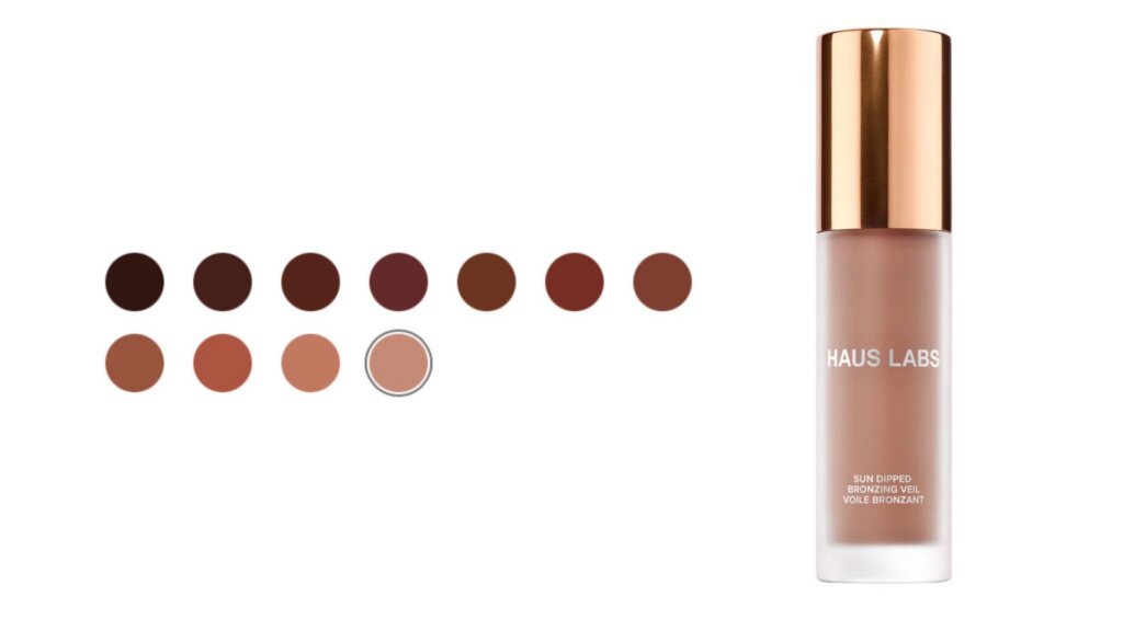 Haus Labs Sun Dipped Bronzing Veil bottle displayed beside a range of bronzer shades.