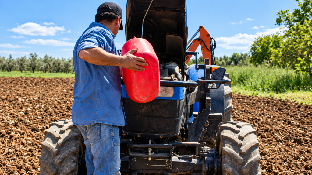 Farmer pouring fuel into a blue tractor from a red gas can in a plowed field.