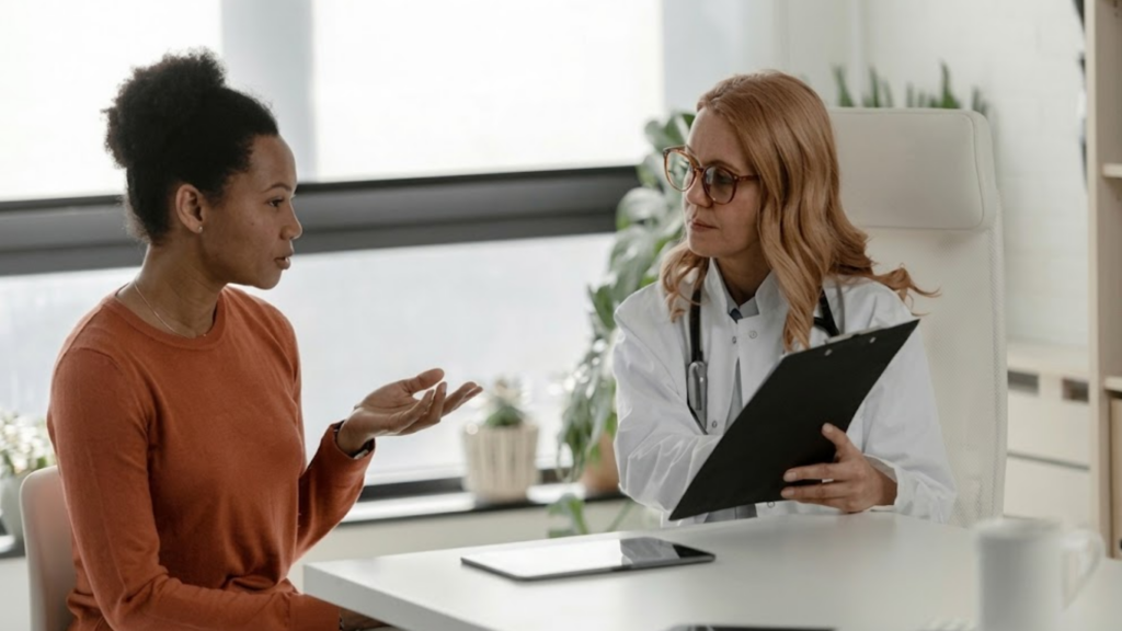 Female patient discussing health concerns with an attentive doctor during a professional medical consultation.