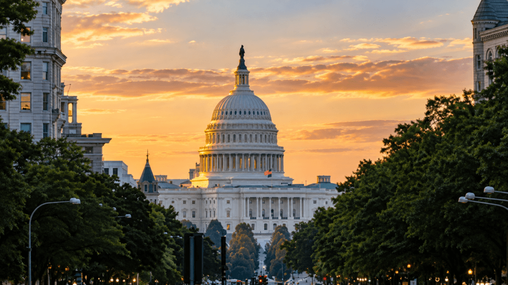 The United States Capitol building framed by trees during a golden sunset.