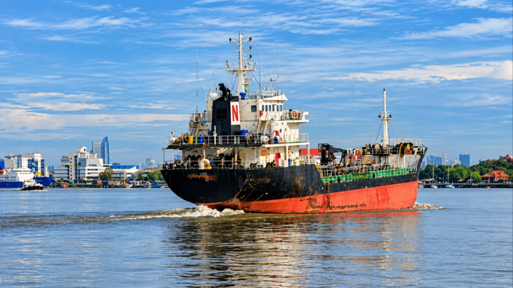 A cargo ship navigating a waterway near a city skyline under a blue sky.