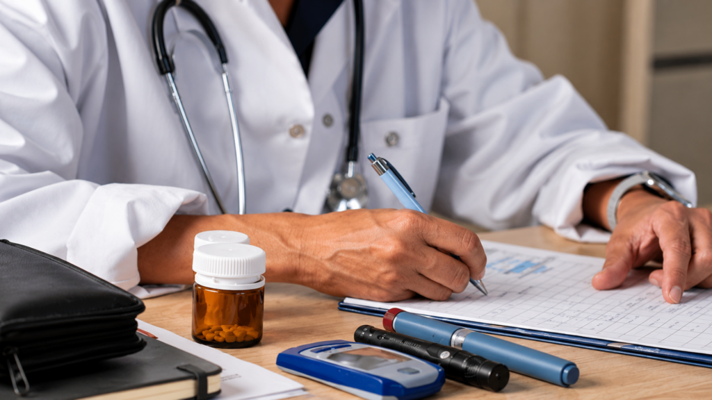 A doctor in a white coat sitting at a desk filling out medical forms near pill bottles, a blood glucose meter, and insulin pens.