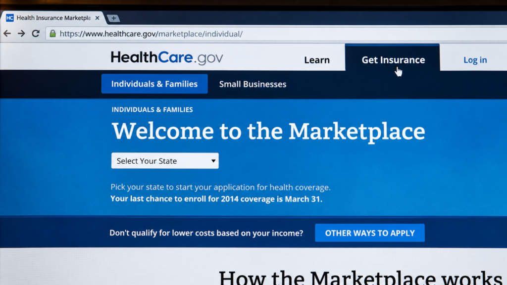 A computer screen showing the homepage of the HealthCare.gov website.