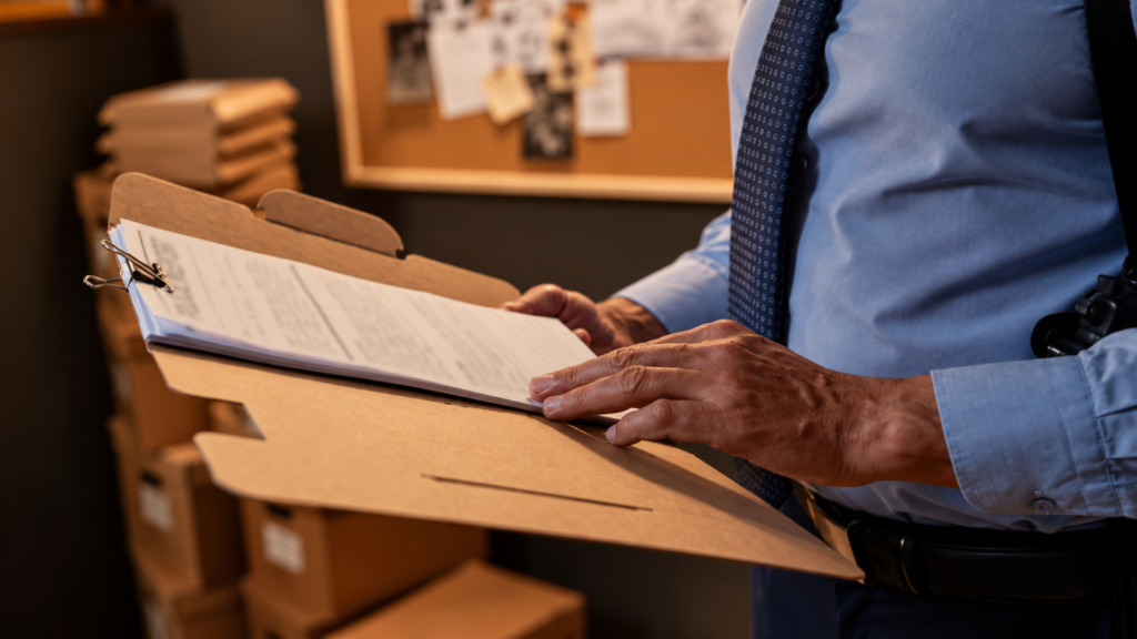 A detective in a shirt and tie reviewing documents inside a Manila case file folder.