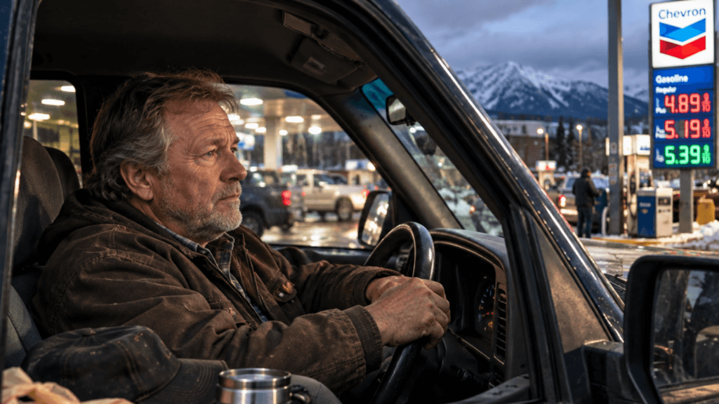 A man sitting in the driver's seat of a truck looking thoughtfully out the window at a Chevron gas price sign with mountains in the background.