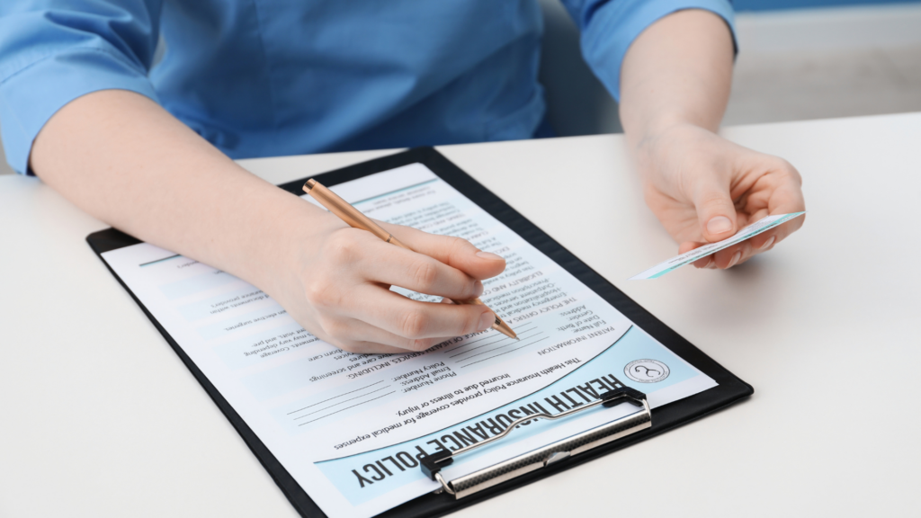 Person filling out a health insurance policy form.