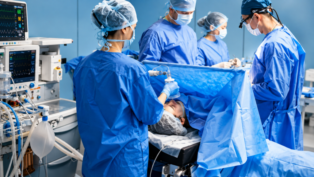 Surgical team in full blue scrubs surrounding a patient in an operating room.