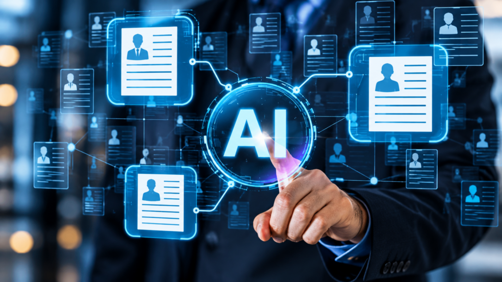 Businessman interacting with a digital interface showcasing AI technology used for resume screening and recruitment.