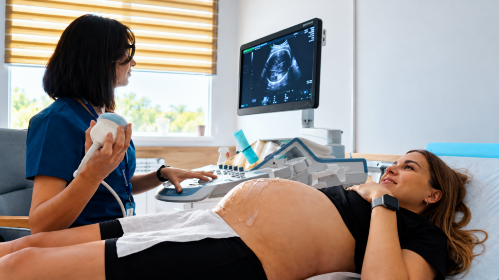 Pregnant woman smiling on an examination table while a technician conducts an ultrasound scan.