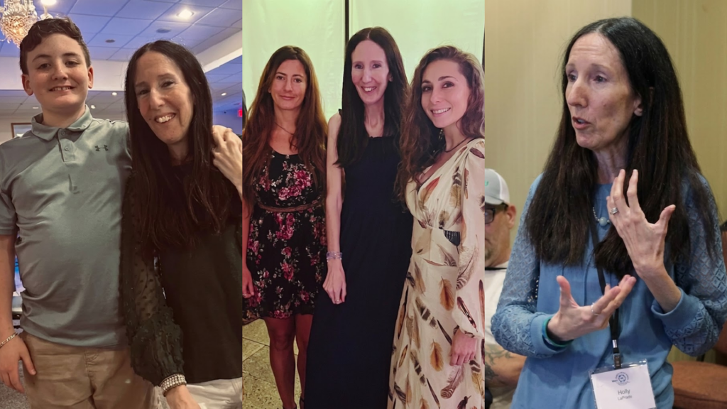 A series of pictures of Holly enjoying her life. A step-mom, with her friends, and being a speaker at the organization of FOP.