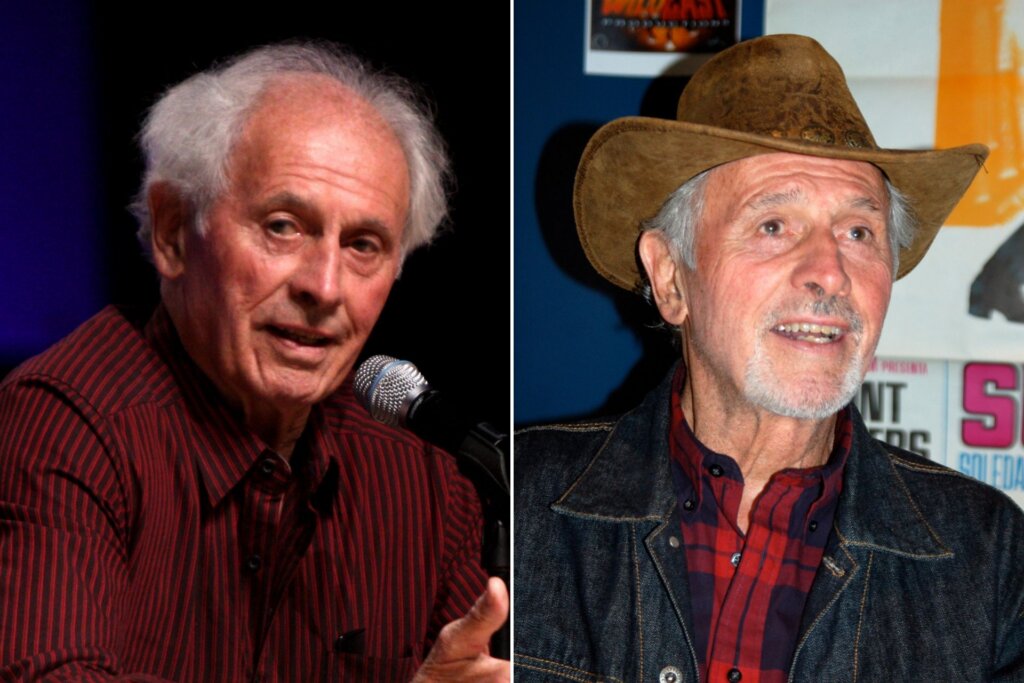 Side-by-side photos of actor Michael Forest speaking into a microphone and wearing a cowboy hat at an event.