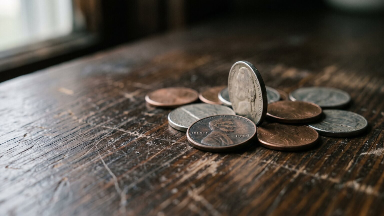 The Penny Is Already on Its Way Out. Now the Nickel Could Be Next A tight, legible close-up of mixed loose change on a worn surface, standing in for the coins at the center of the bill without depicting any person or named entity.