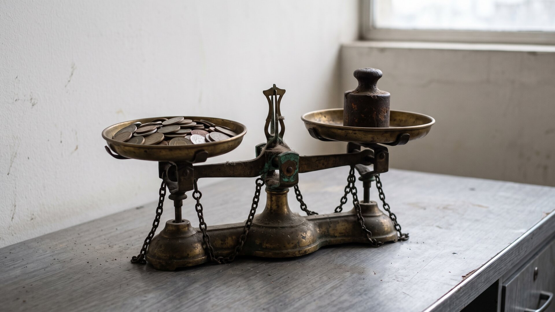 A balance scale holding coins against a small weight, a physical stand-in for slide 2's comparison of cost against face value.