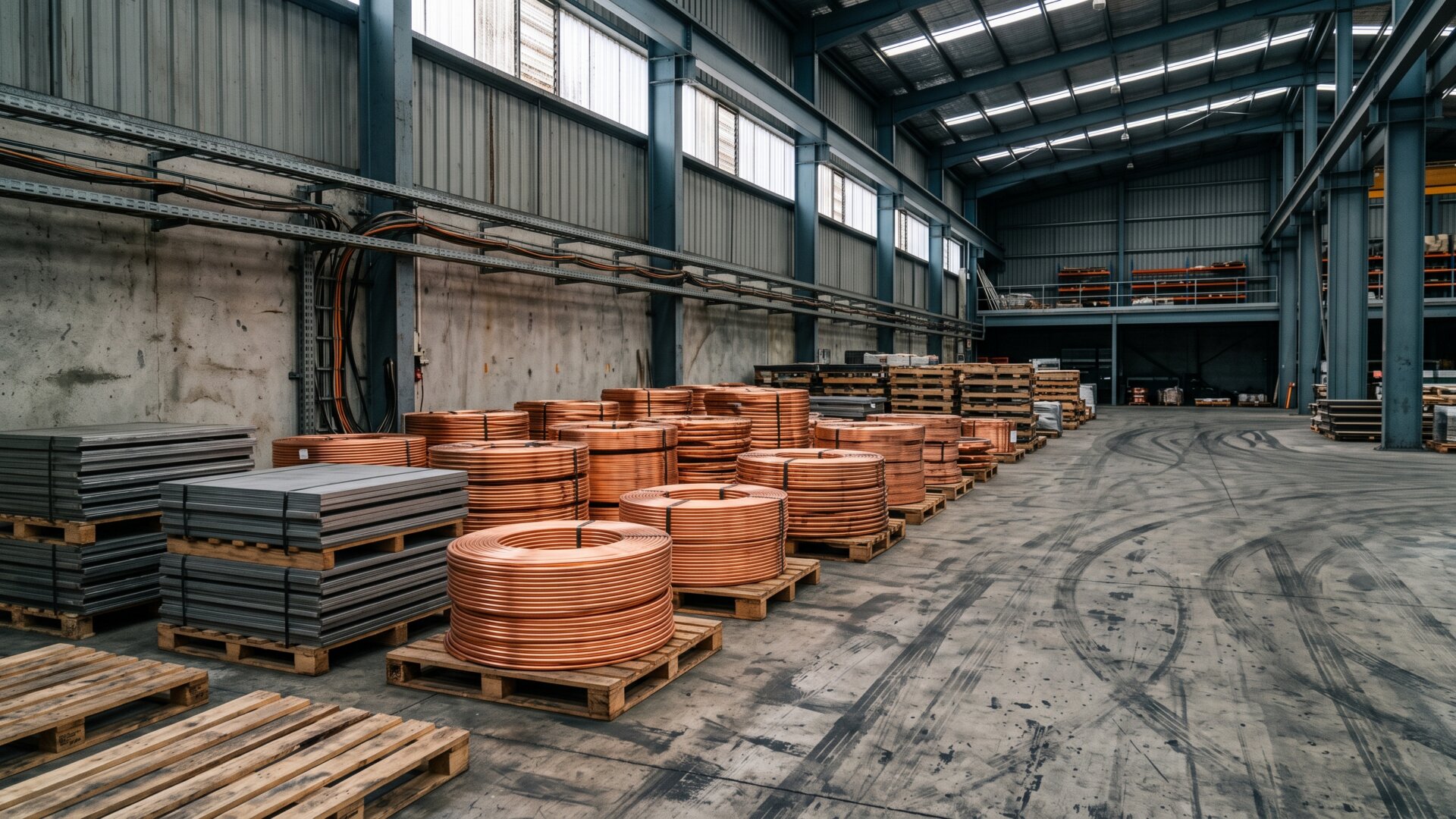 Raw copper and nickel stock in an industrial setting, matching slide 3's point that the coin is mostly copper and priced by metal markets.