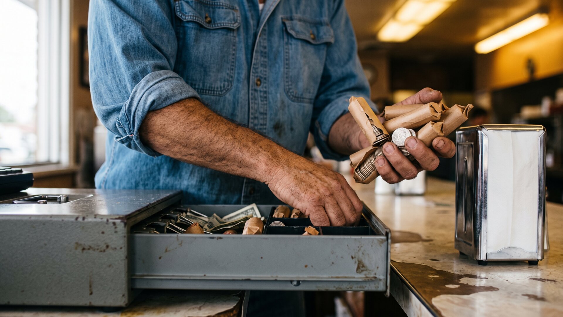 Hands at a cash drawer counting coin rolls, grounding slide 4's discussion of money moving in and out of the Treasury in a physical handling scene.