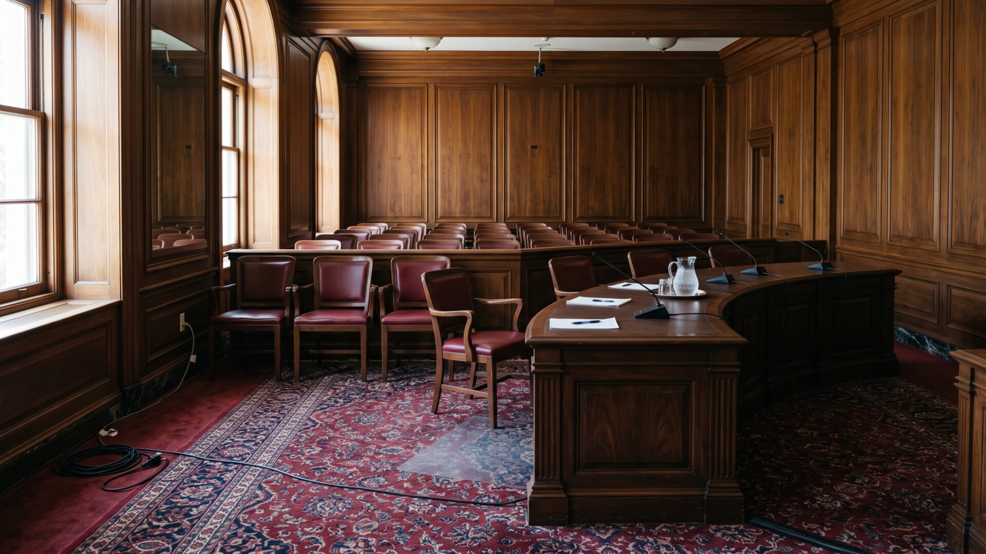 An empty committee hearing room, the setting where a bill like McClain's is argued, without depicting any real legislator.