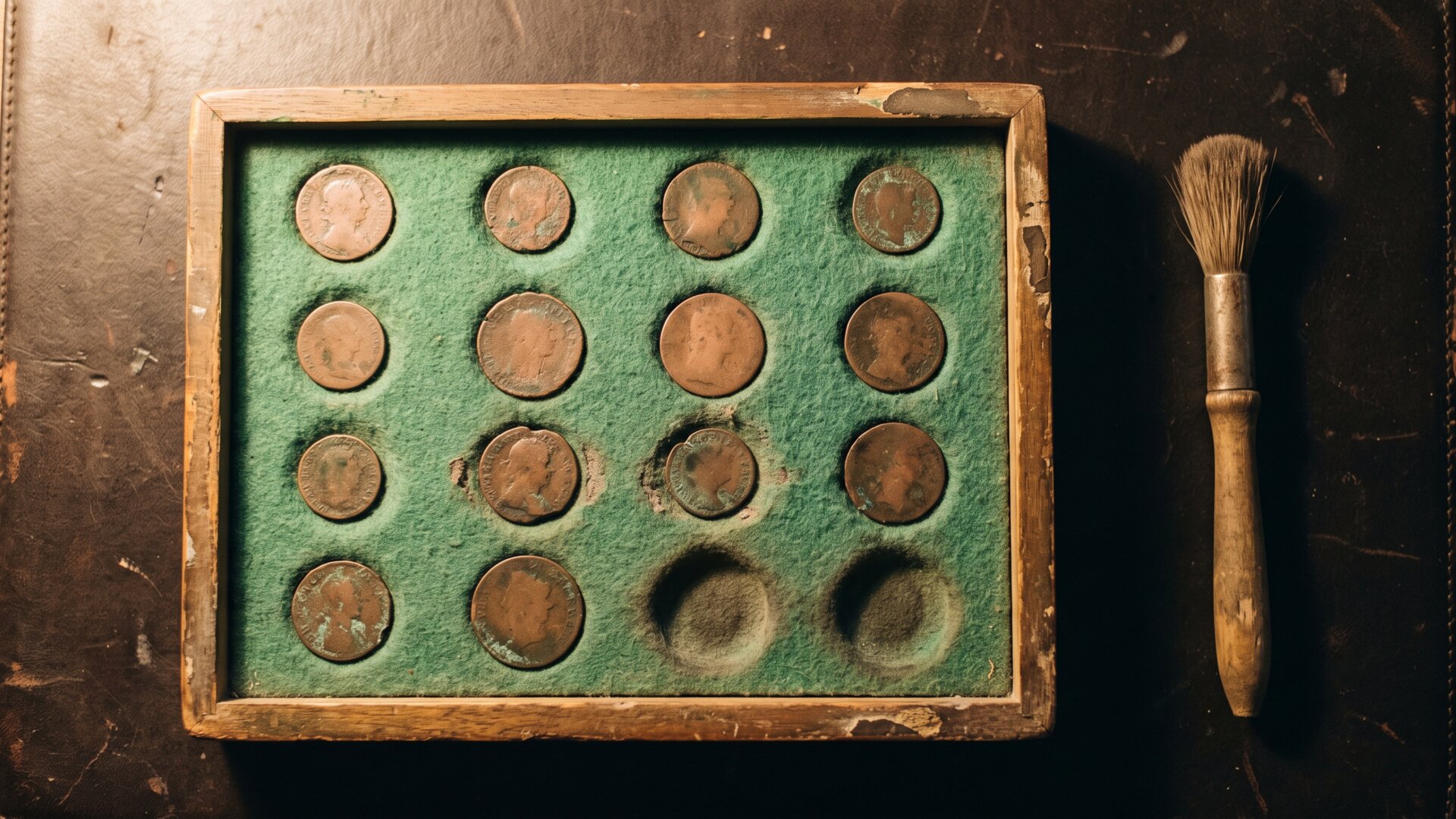 An archival coin tray in a plain study setting, matching slide 6's reference to the half-cent and earlier retired denominations.