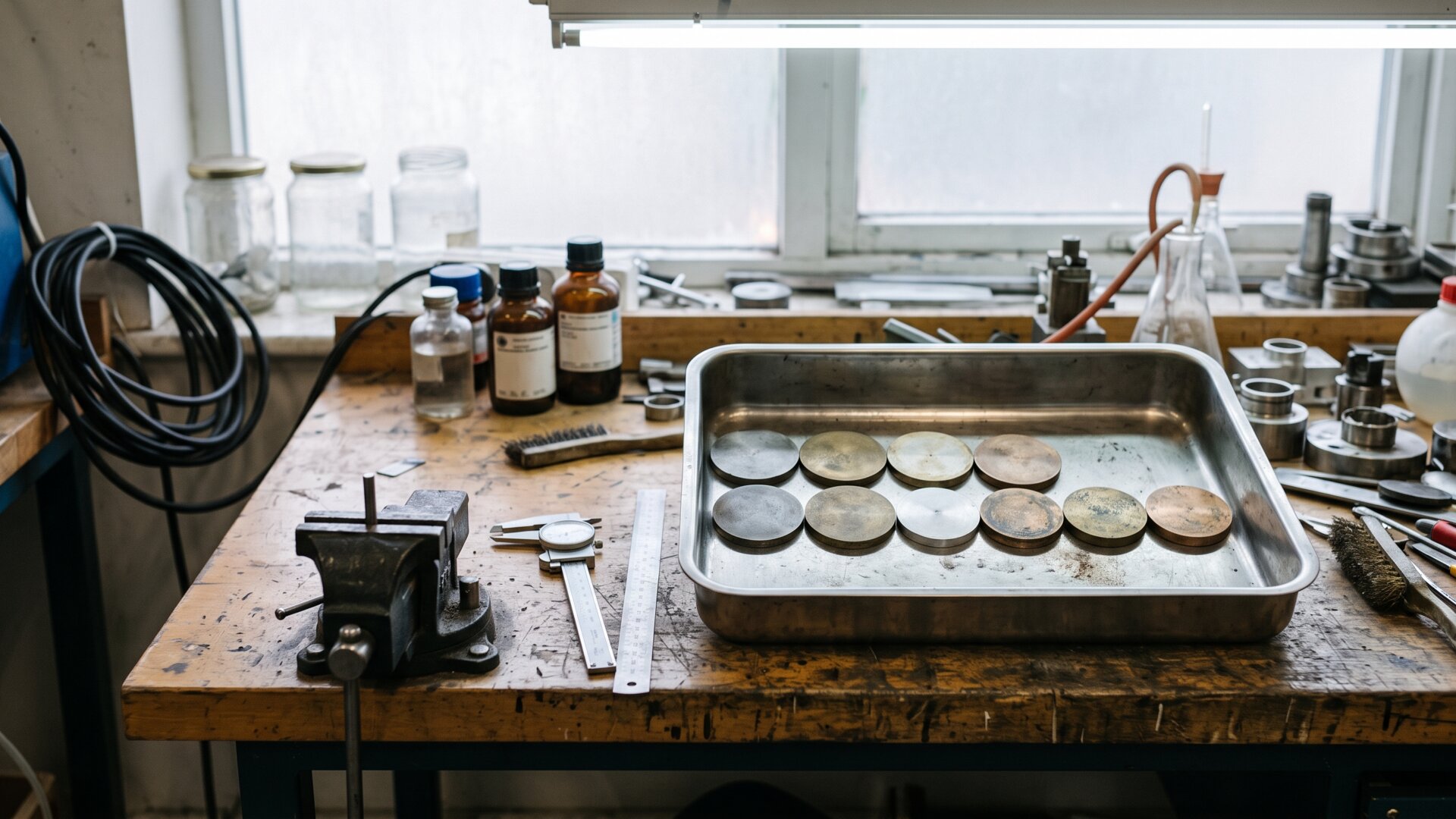 A metallurgical test bench with sample blanks, representing the composition testing Bessent described as retooling the nickel.