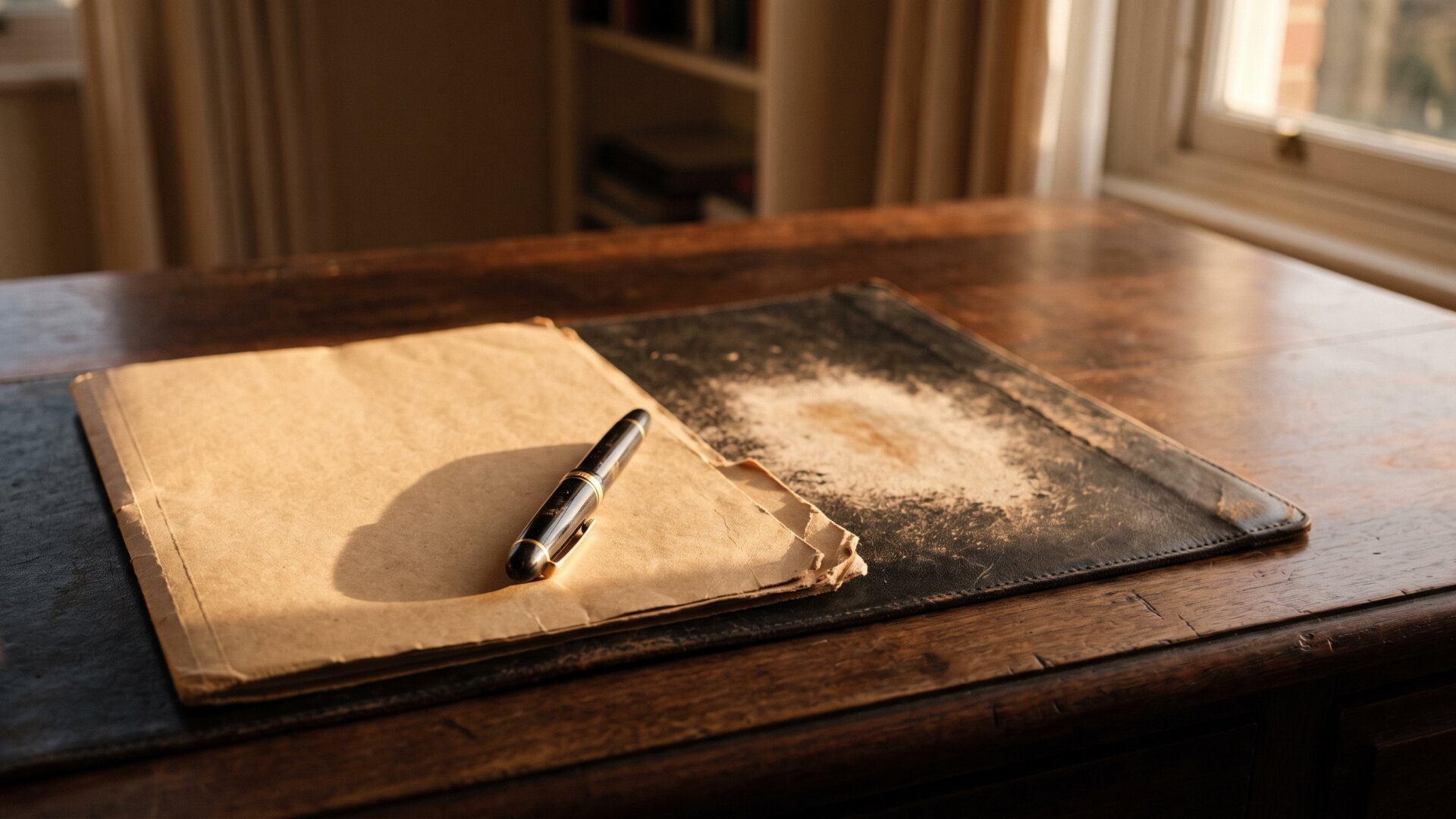 A closed desk with an unsigned document folder, standing for slide 9's point that the bill is passed but not yet signed.