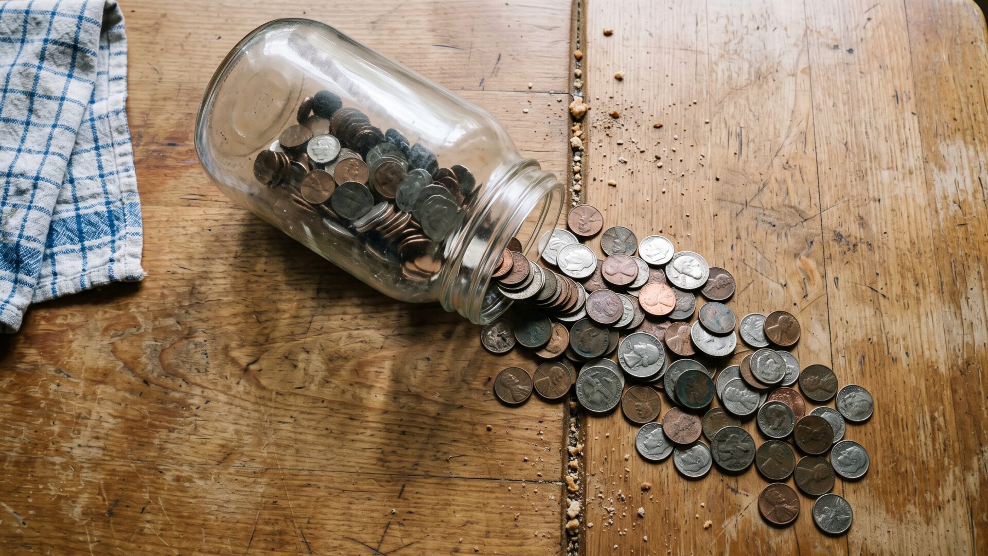 A home coin jar emptied onto a kitchen table, the ordinary-household end of slide 10's point about which coins cost most to replace.