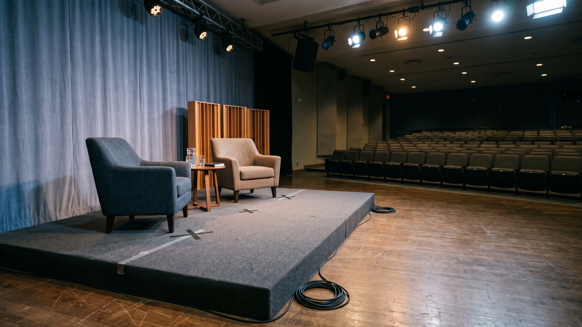 An empty conference stage with two unoccupied chairs, matching slide 2's account of a brand that had gone quiet and returned to speak publicly.