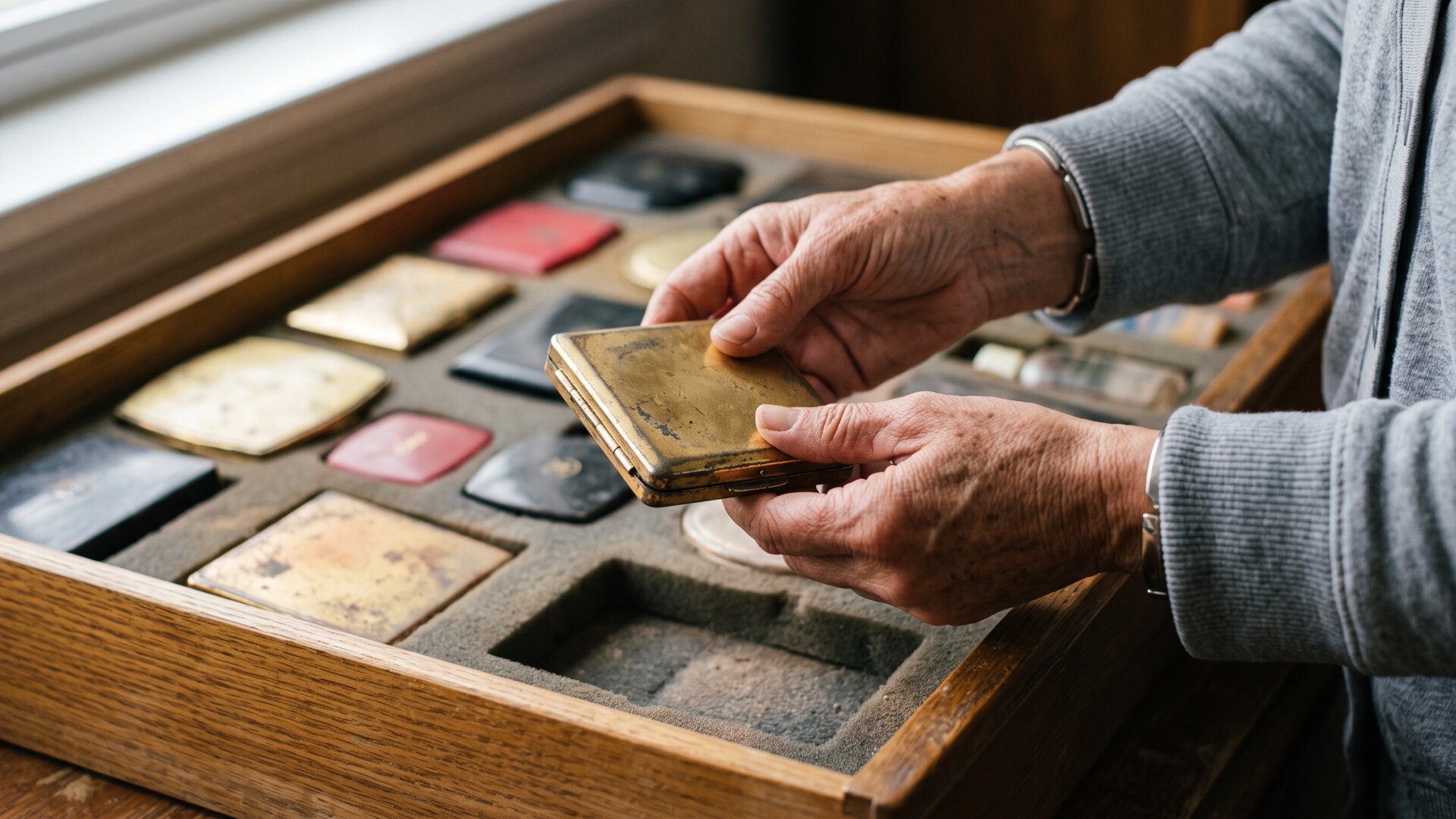 A hand lifting an aged cosmetics case from a drawer of archived product, illustrating slide 3's point about going back into the archives.