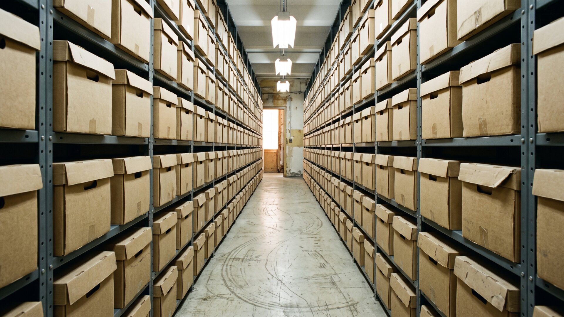 A corridor of stacked file boxes standing in for the 2022 bankruptcy filing, 2023 ownership change, and 2024 CEO appointment on slide 5.