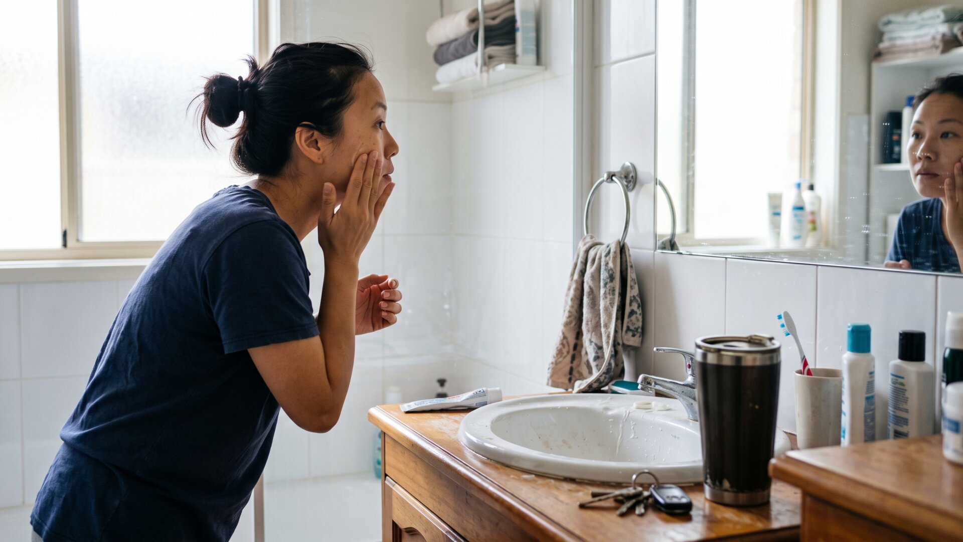 A fast morning routine in progress on a cluttered bathroom counter, matching slide 7's efficient-glam customer defined by routine rather than age.