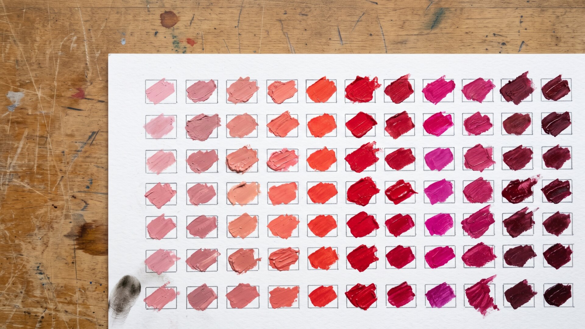 A dense grid of lipstick shade swatches laid out on card, the physical form of the 72-shade range cited on slide 8.