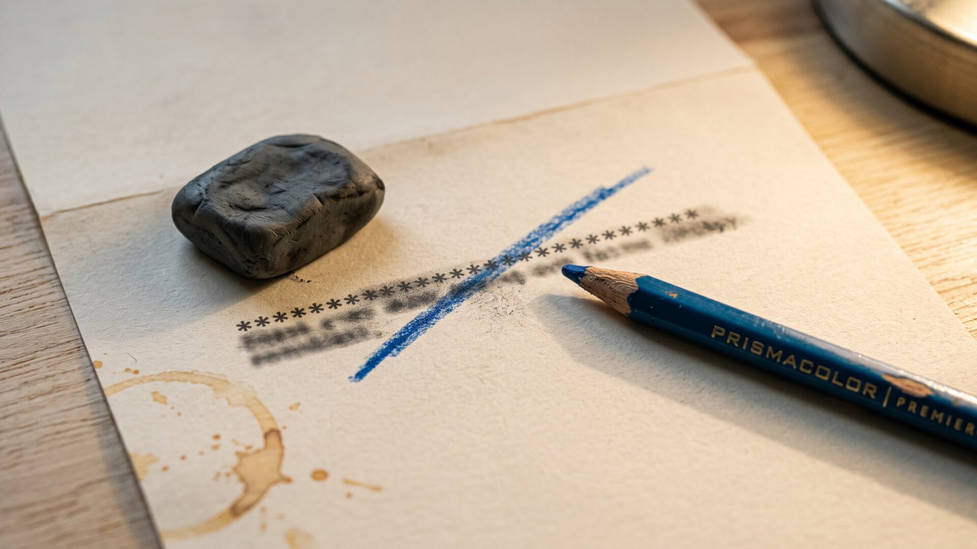 A printed line of copy on a proof sheet with heavy pencil edits cutting it down, showing the tagline compression described on slide 9.