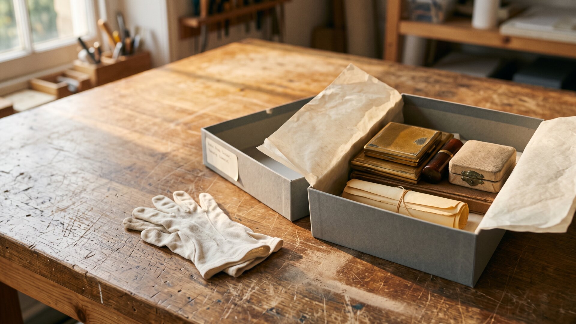 An archive box pulled open on a worktable with its contents half unpacked, the act of taking something out of storage that closes slide 10.