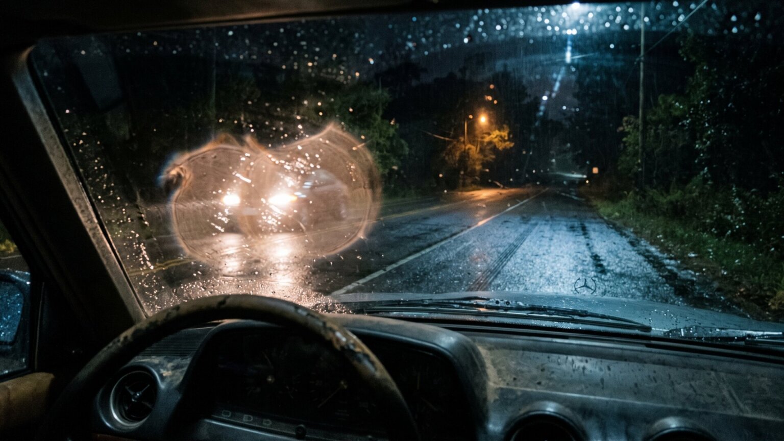 Oncoming headlights seen from a driver's seat at night, rendered with the halo and glare effect that slide 1 lists as a cataract symptom.