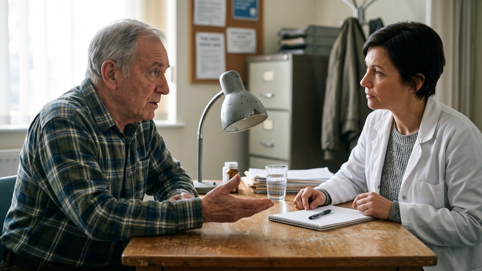 A patient and doctor mid-conversation across a desk, matching slide 2's point that the decision is made jointly rather than triggered automatically.