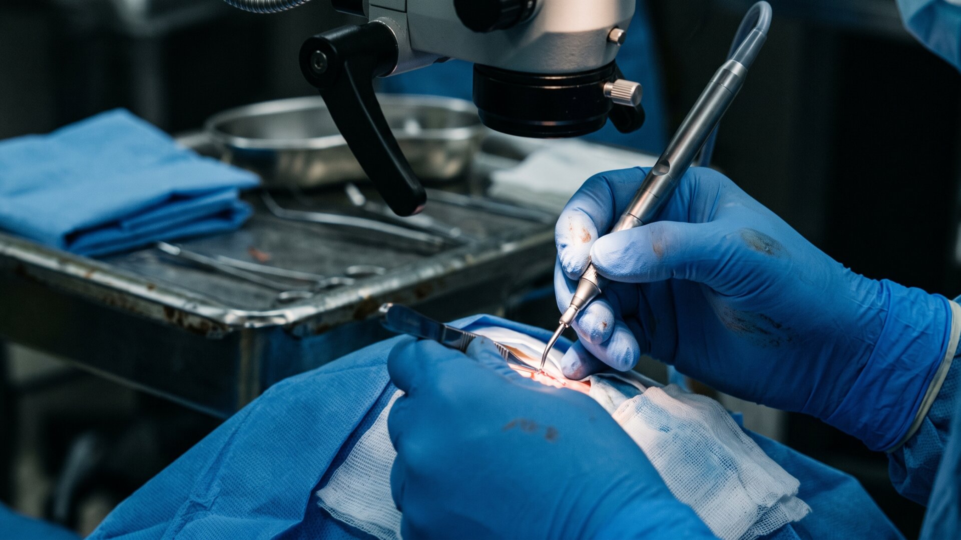 Gloved hands at a surgical microscope with fine instruments, illustrating the phacoemulsification procedure described on slide 3.