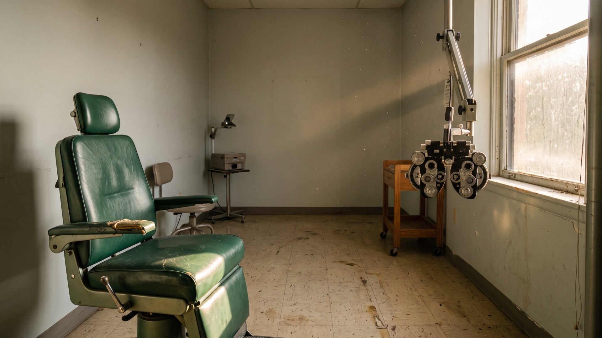 An eye chart projection surface in an empty exam lane, standing in for the measured outcomes and 98 percent figure on slide 4.