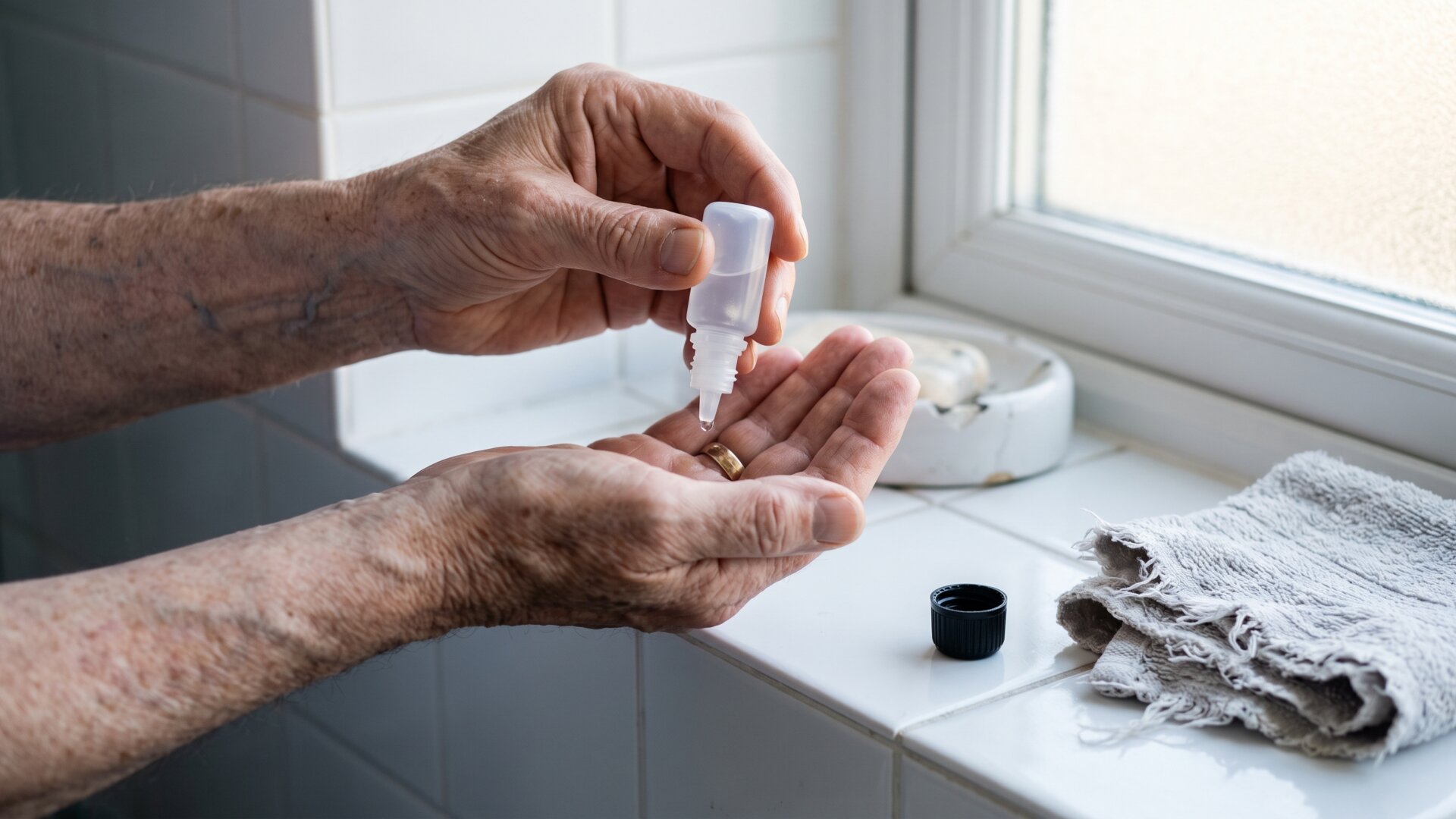 Hands tilting a bottle of eye drops, matching slide 6's note on anti-inflammatory drops during the week after surgery.