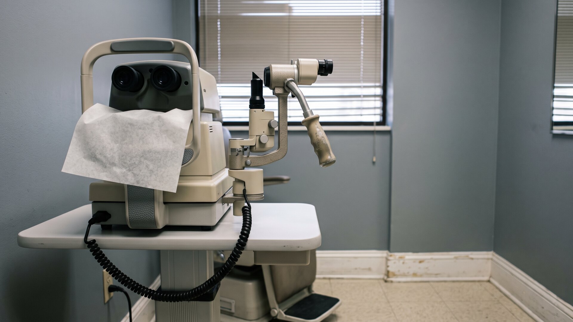 A laser delivery unit in a treatment room, standing in for the YAG capsulotomy that resolves posterior capsule opacification on slide 7.