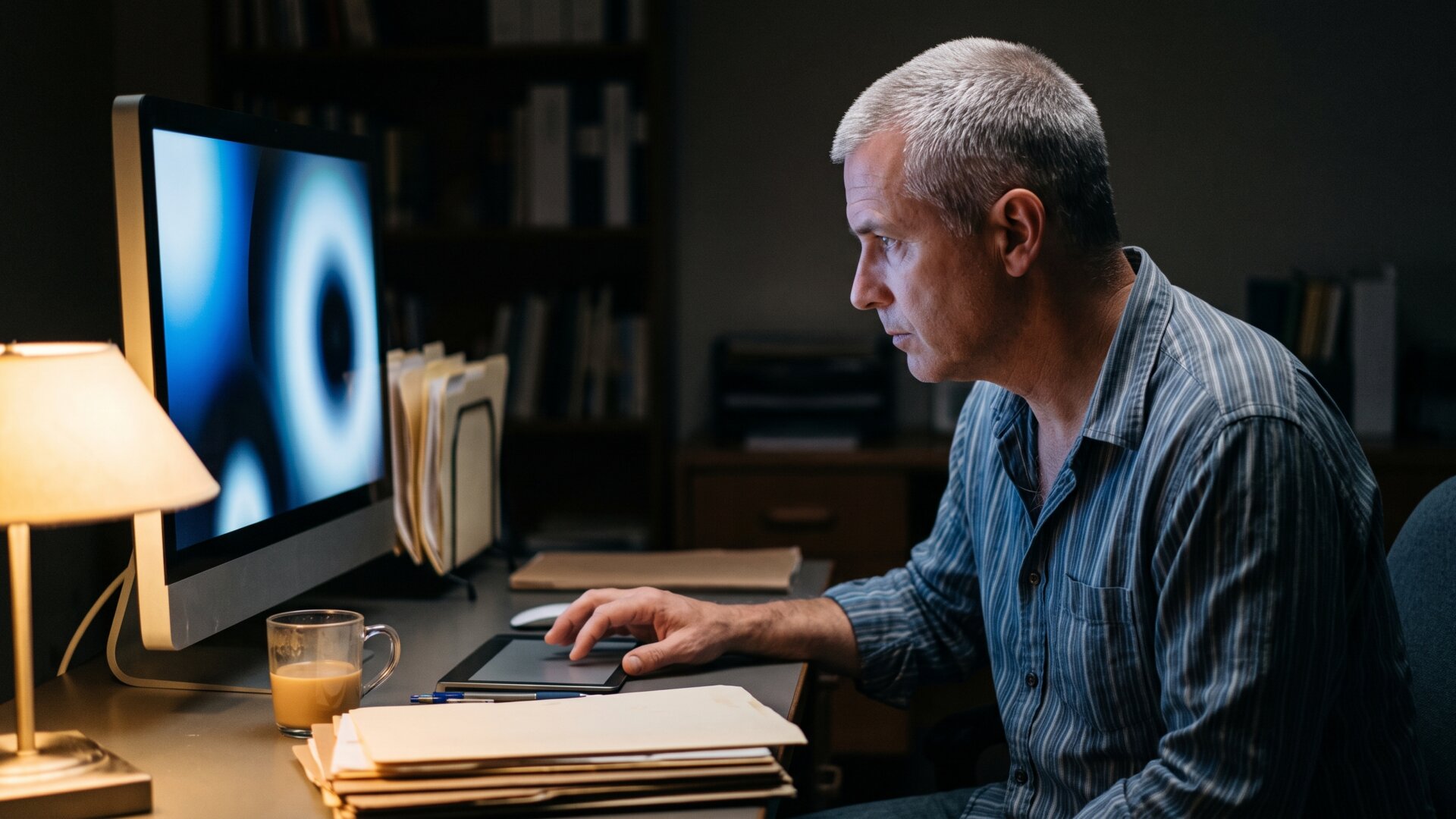 A clinician reviewing retinal imaging on a darkened screen, reflecting slide 8's point about better monitoring of other eye conditions.