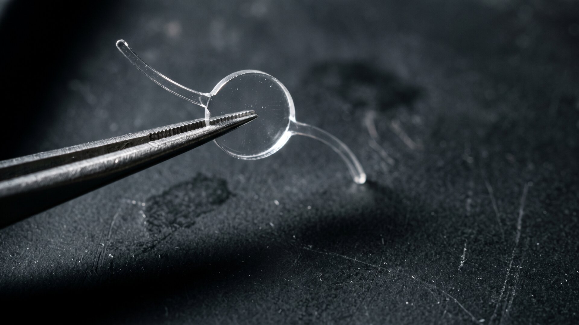 Macro detail of a small clear lens implant held in forceps, matching slide 9's discussion of implant design.