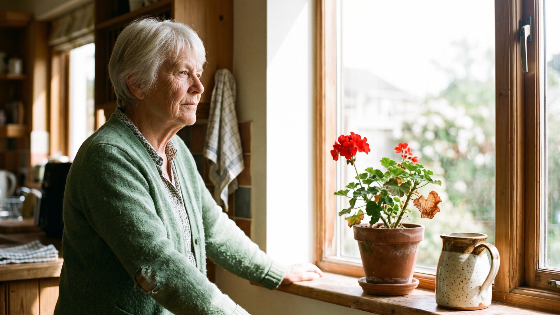 A woman at a window in bright daylight, reflecting slide 10's framing of restored sight and the brightness patients report.