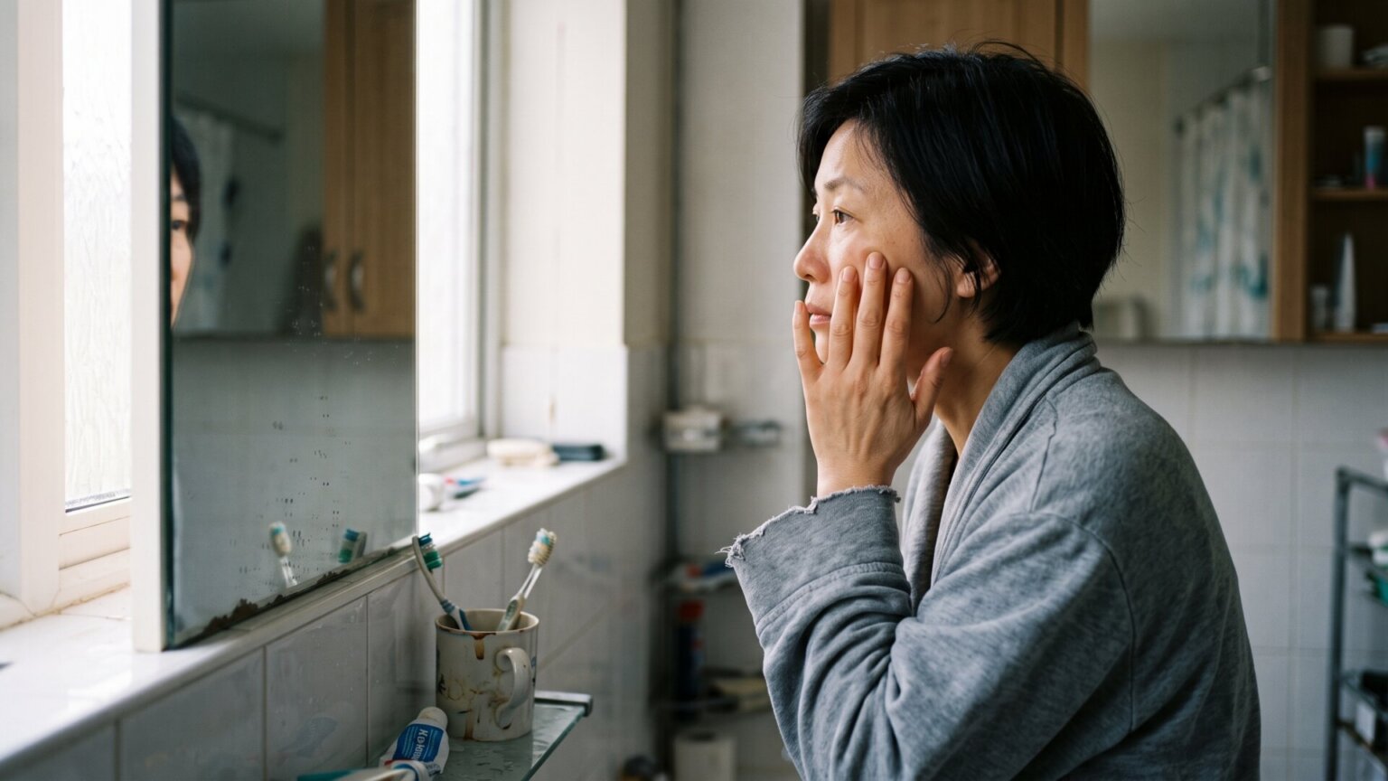 A woman in her late forties at a bathroom mirror in ordinary morning light, the everyday moment where the misattribution described on slide 1 actually happens.