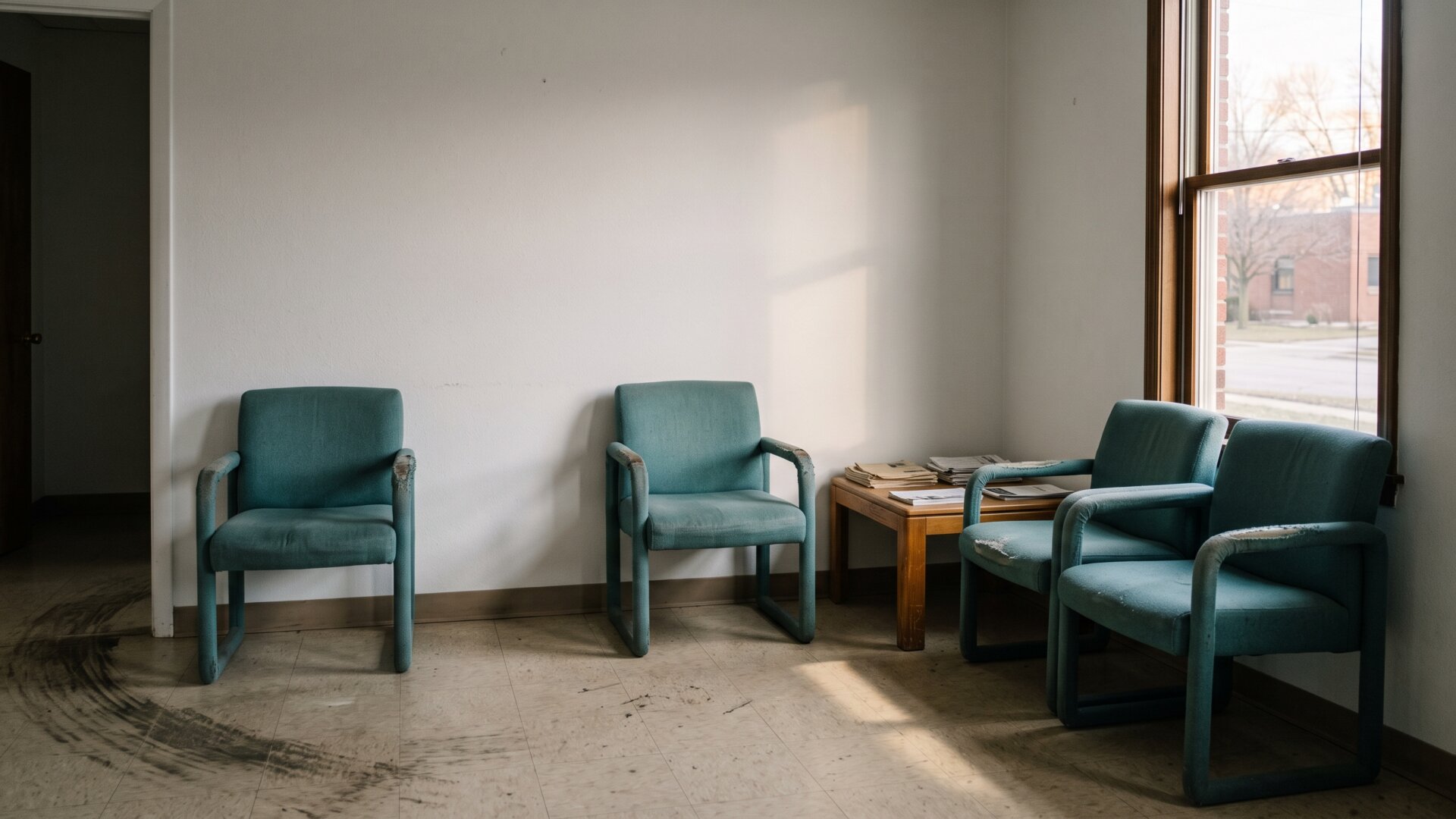 An empty consultation chair in a clinic waiting area, standing in for the information that was never offered, which is slide 2's point about absent explanations.