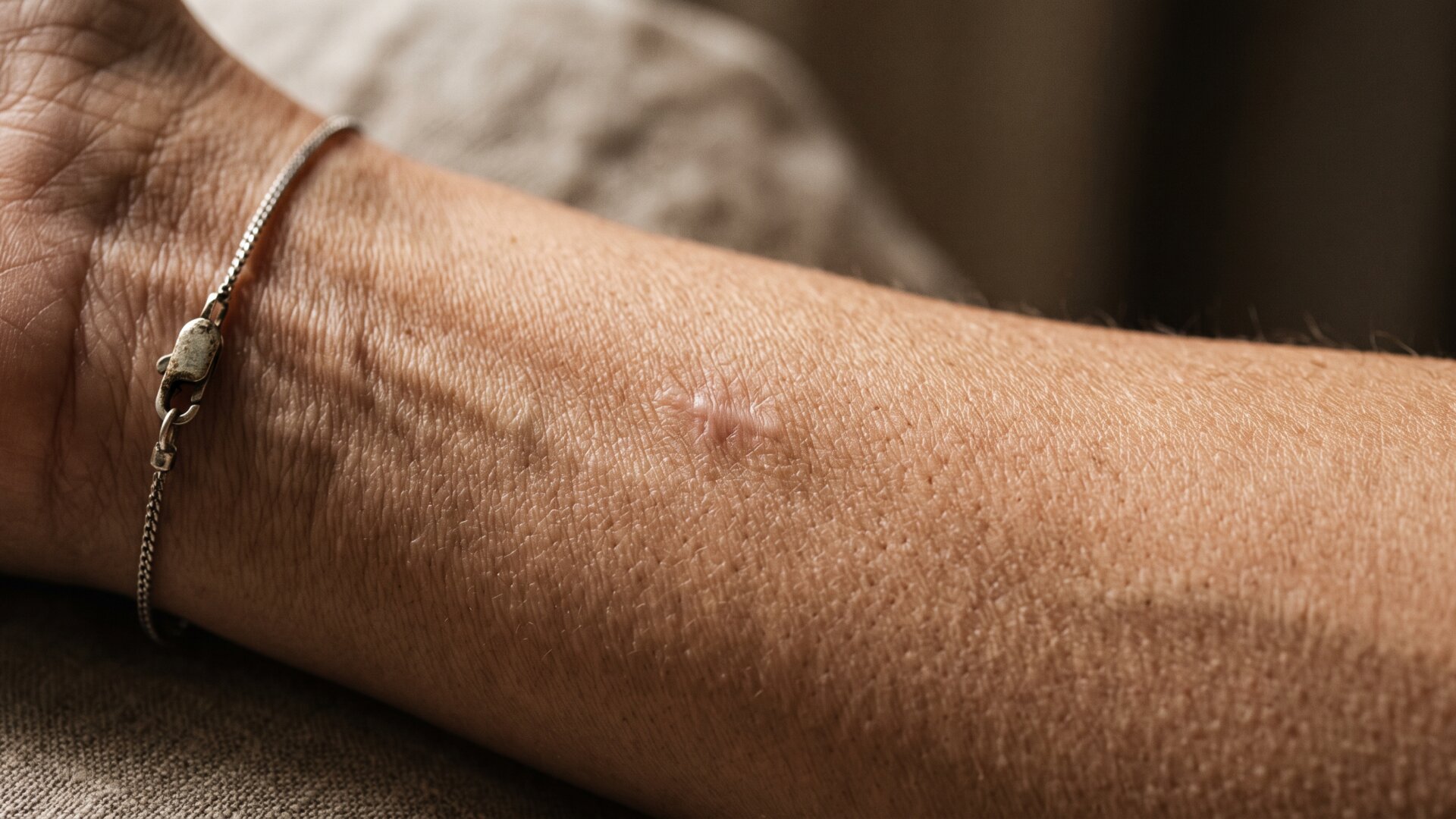 A macro view of skin texture on a forearm, the physical tissue layer where the oestrogen receptors described on slide 3 actually sit.