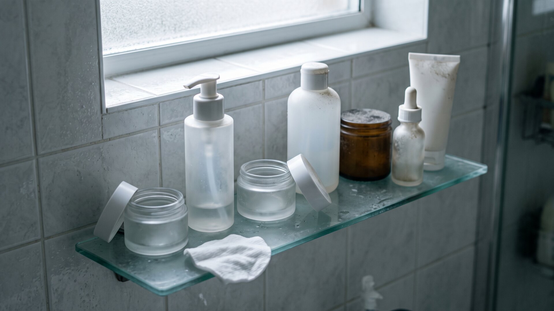 A bathroom shelf of unmarked skincare jars, the physical result of the purchasing pattern reported on slide 4.